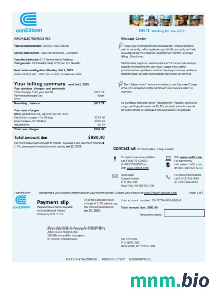 Con Edison electricity rachunek za usługi komunalne